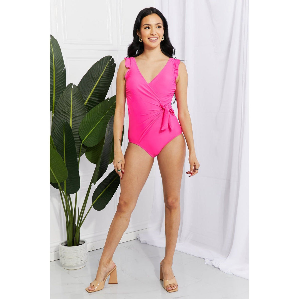 Marina West Swim Full Size Float On Ruffle Faux Wrap One-Piece in Pink