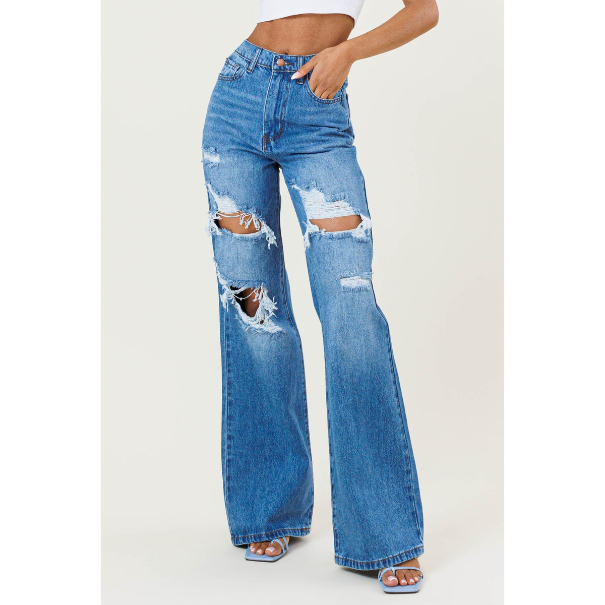 Vibing Distressed HIGH WAISTED WIDE LEG JEAN
