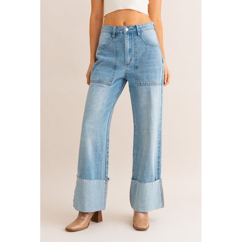 High-Waisted Wide Leg Cuffed Jeans