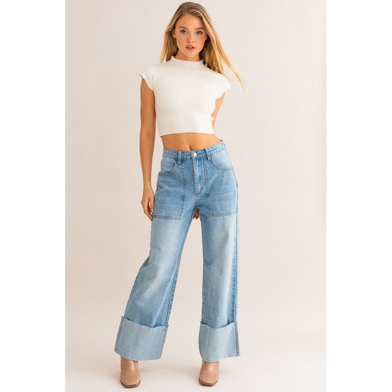 High-Waisted Wide Leg Cuffed Jeans