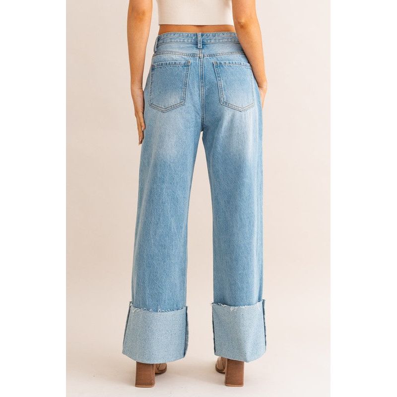 High-Waisted Wide Leg Cuffed Jeans