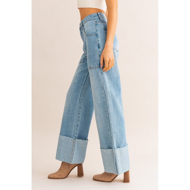 High-Waisted Wide Leg Cuffed Jeans