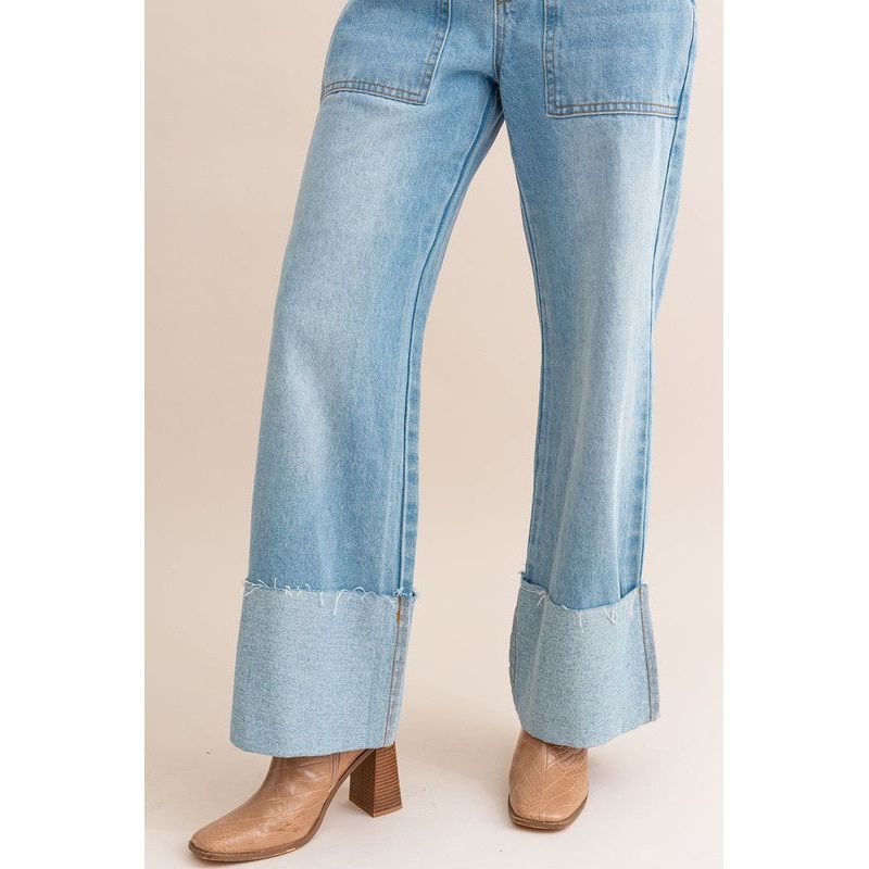 High-Waisted Wide Leg Cuffed Jeans