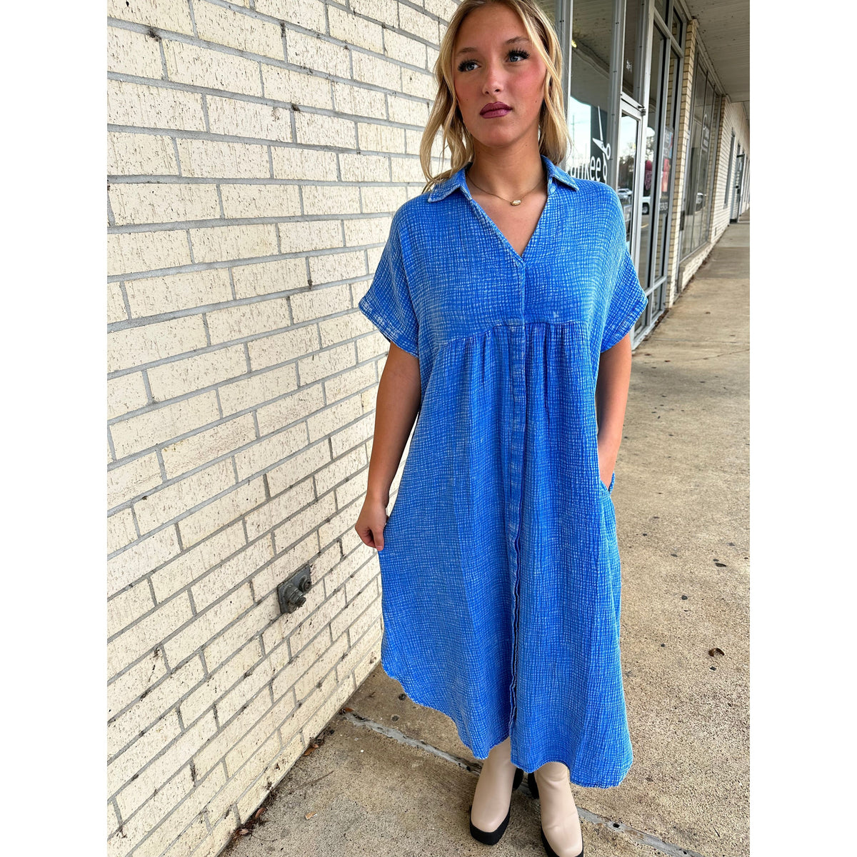 Blue Mineral Wash Flowy Maxi Dress