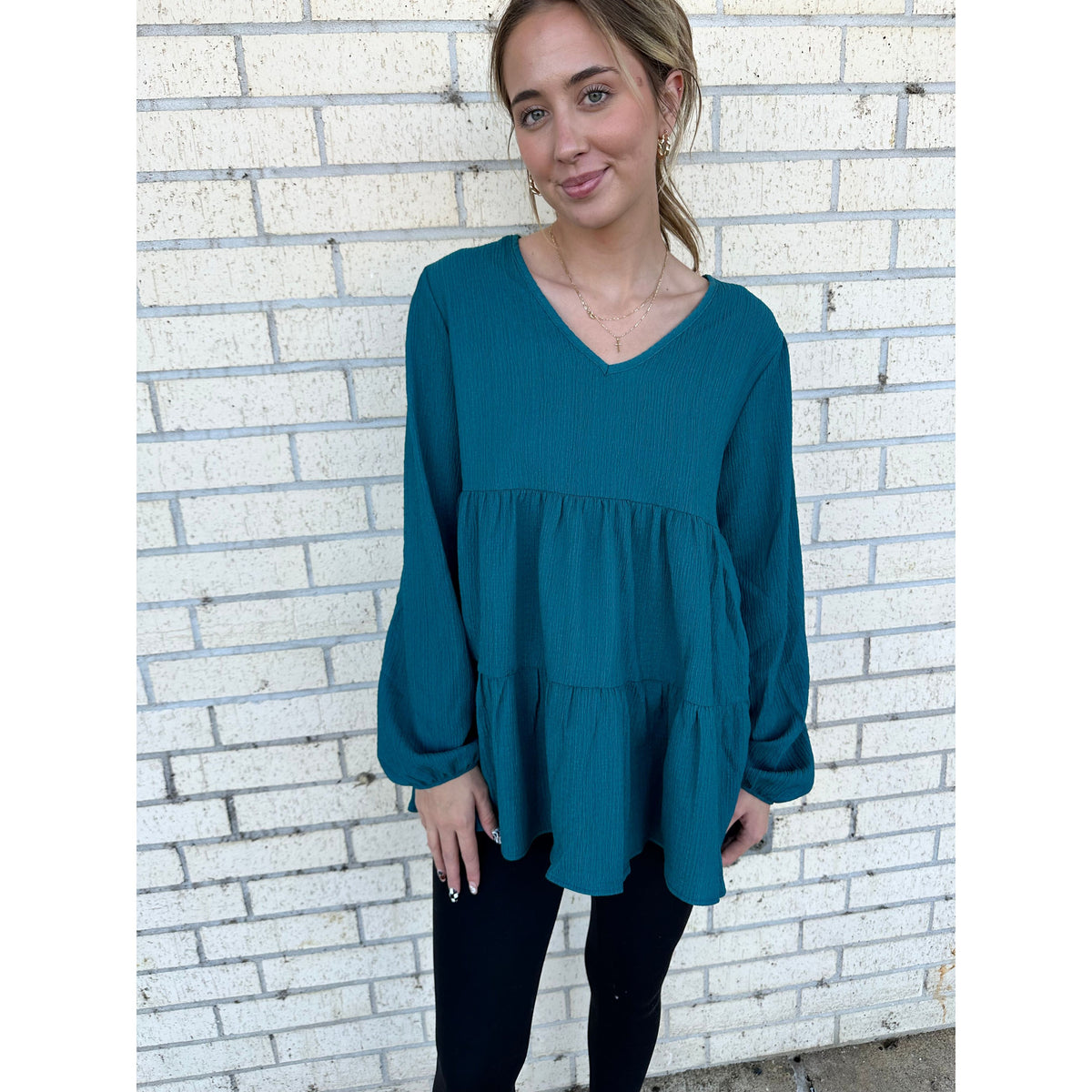 Deep Teal V Neck Solid Tiered Top