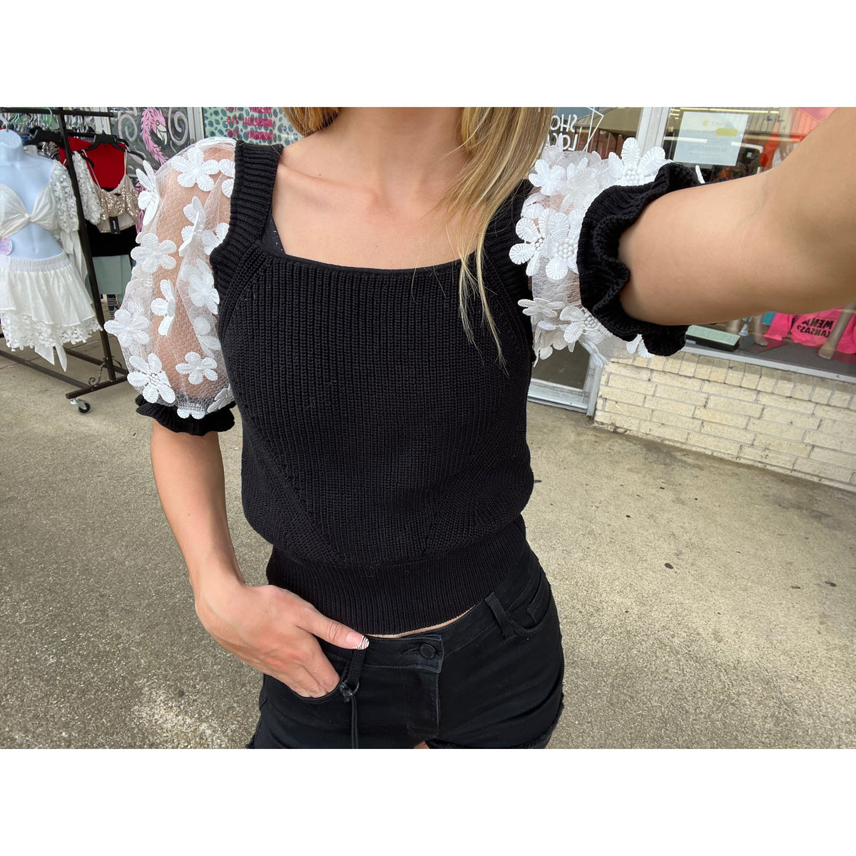 Indie Floral Sleeve Black Sweater Top