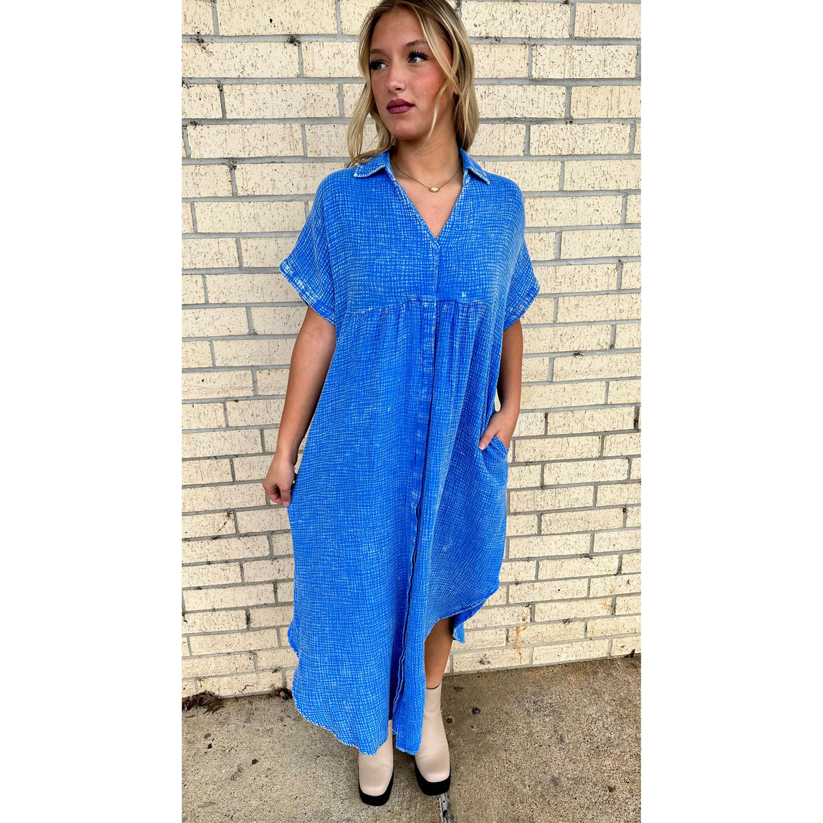 Blue Mineral Wash Flowy Maxi Dress