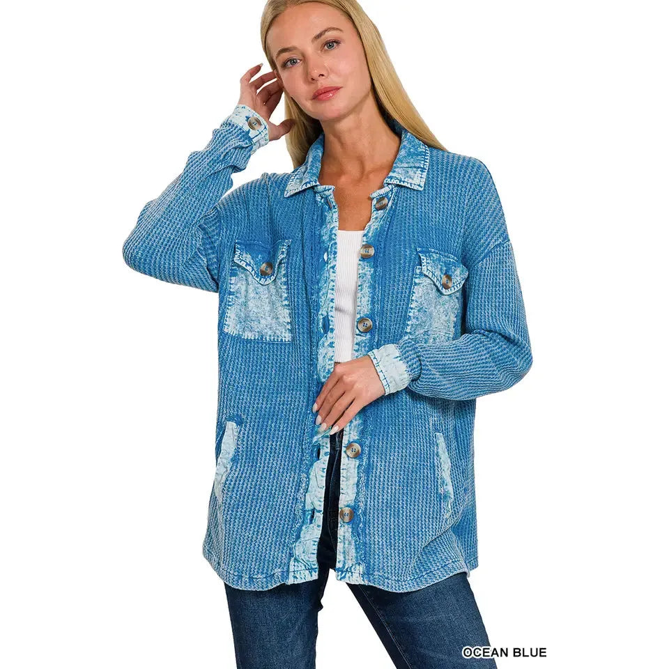 Ocean Blue Cotton Waffle Washed Oversized Shacket