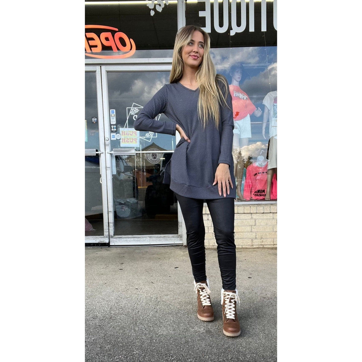 Grey Long Sleeve Pocket Split Hem Tunic - Azalea Top