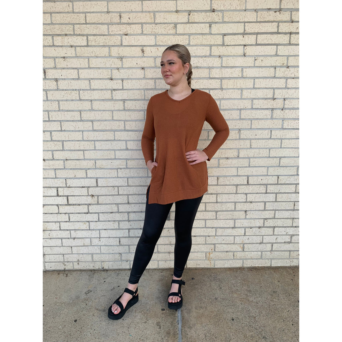 Orange Sleeve Pocket Split Hem Tunic - Azalea Top