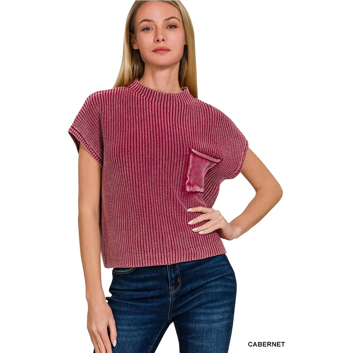 Maroon Washed Short Sleeve Cropped Sweater