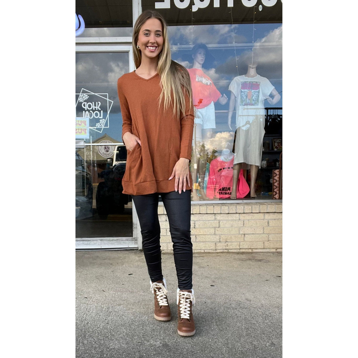 Orange Sleeve Pocket Split Hem Tunic - Azalea Top