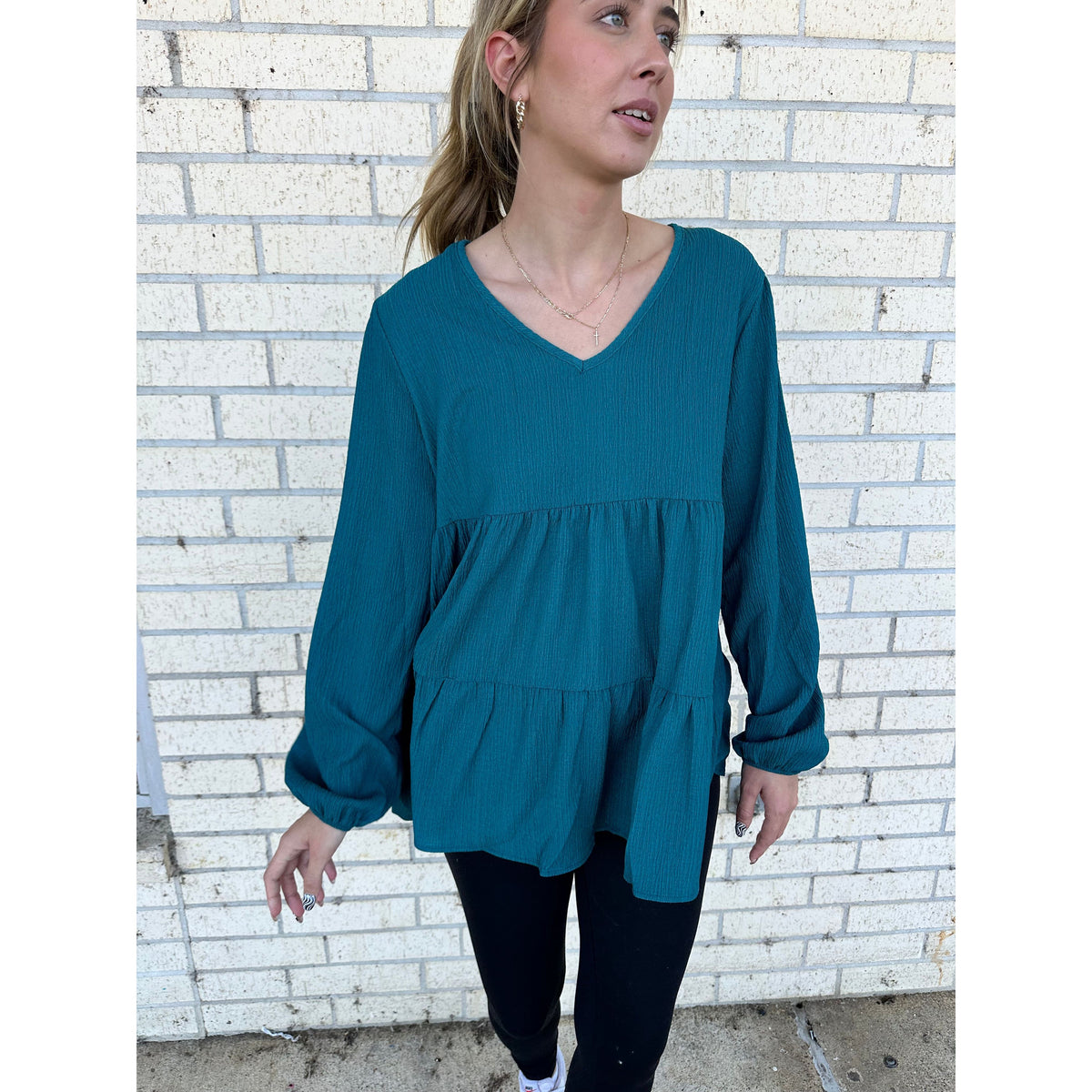 Deep Teal V Neck Solid Tiered Top