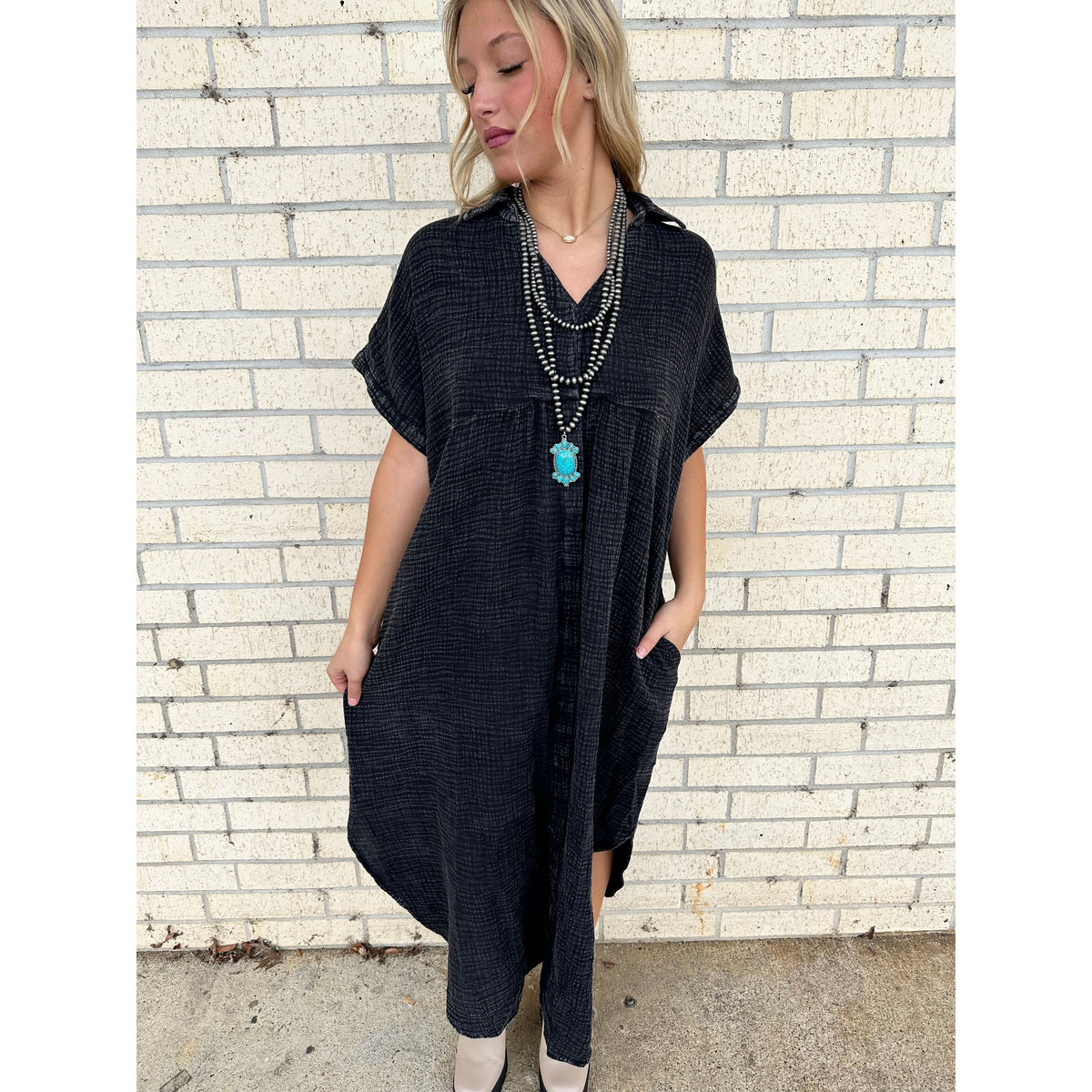 Mineral Wash Flowy Black Maxi Dress