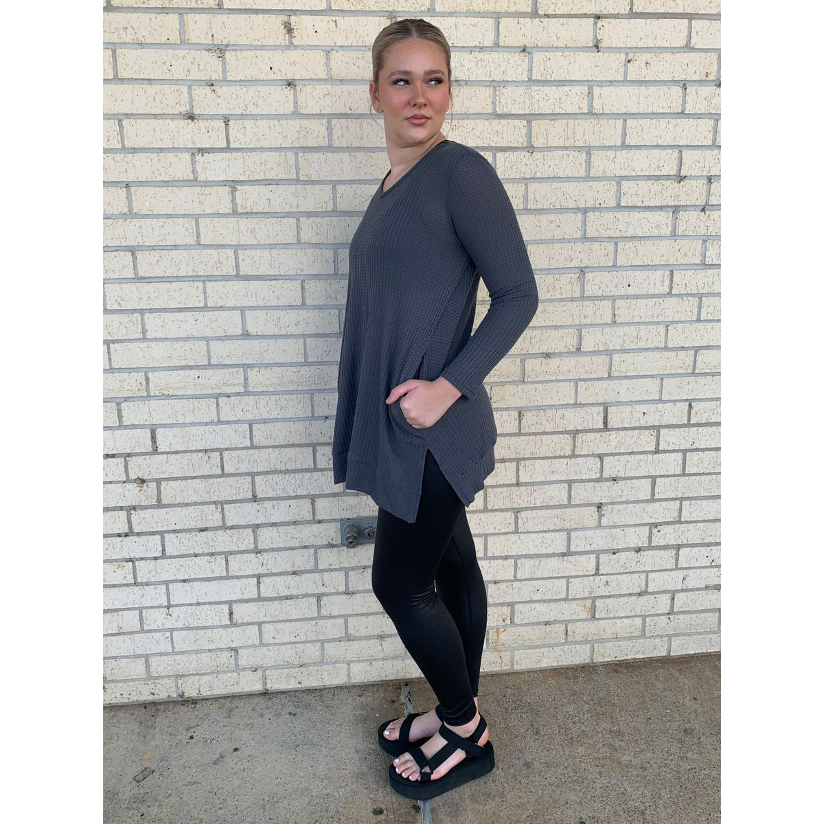 Grey Long Sleeve Pocket Split Hem Tunic - Azalea Top