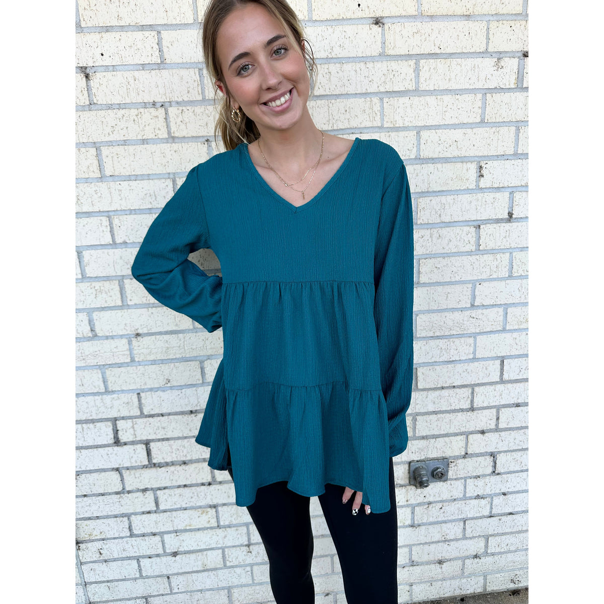 Deep Teal V Neck Solid Tiered Top