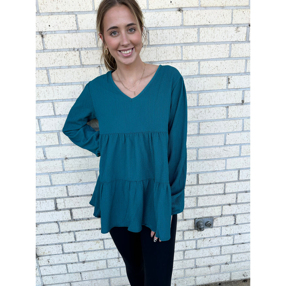 Deep Teal V Neck Solid Tiered Top