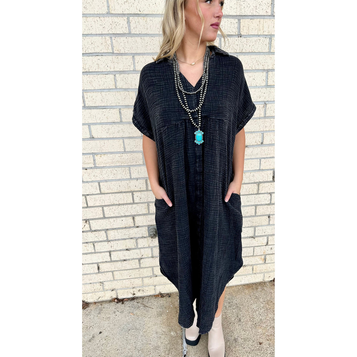 Mineral Wash Flowy Black Maxi Dress