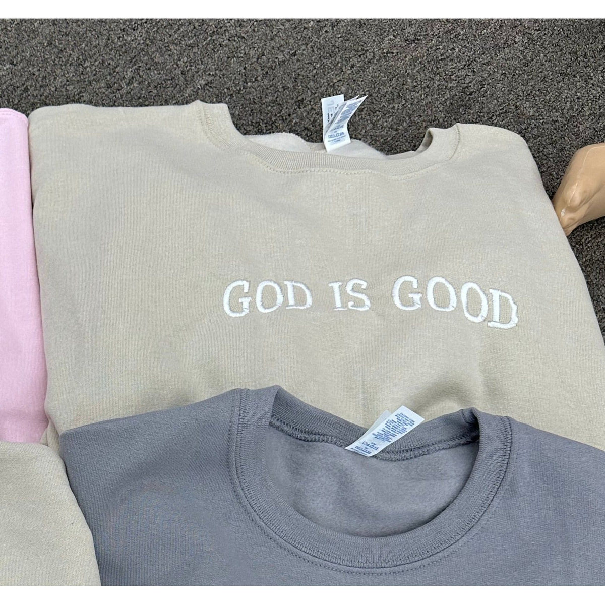 God is Good Tan embroidered Sweatshirt