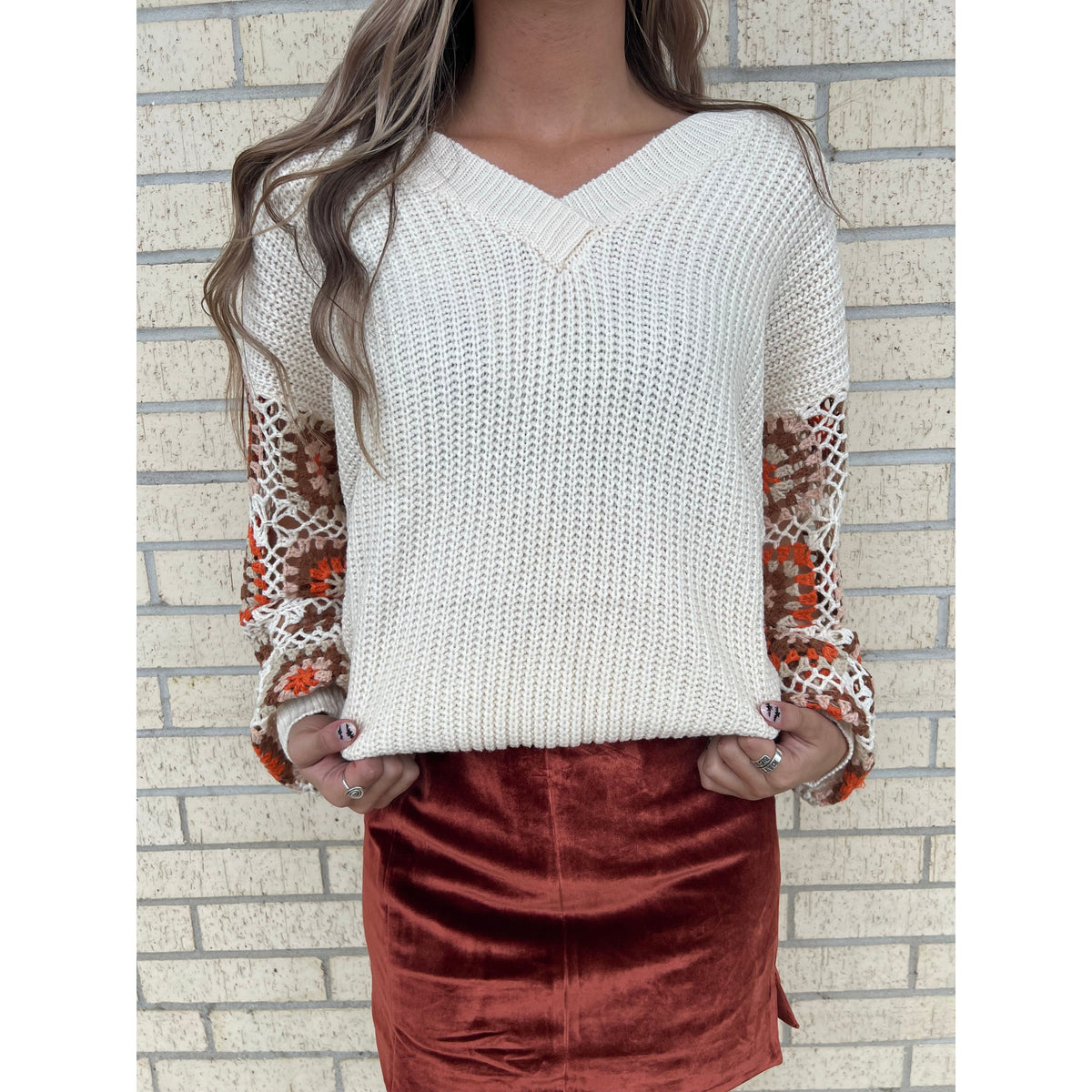 Fall Vibes Crochet Sleeve Ivory Top