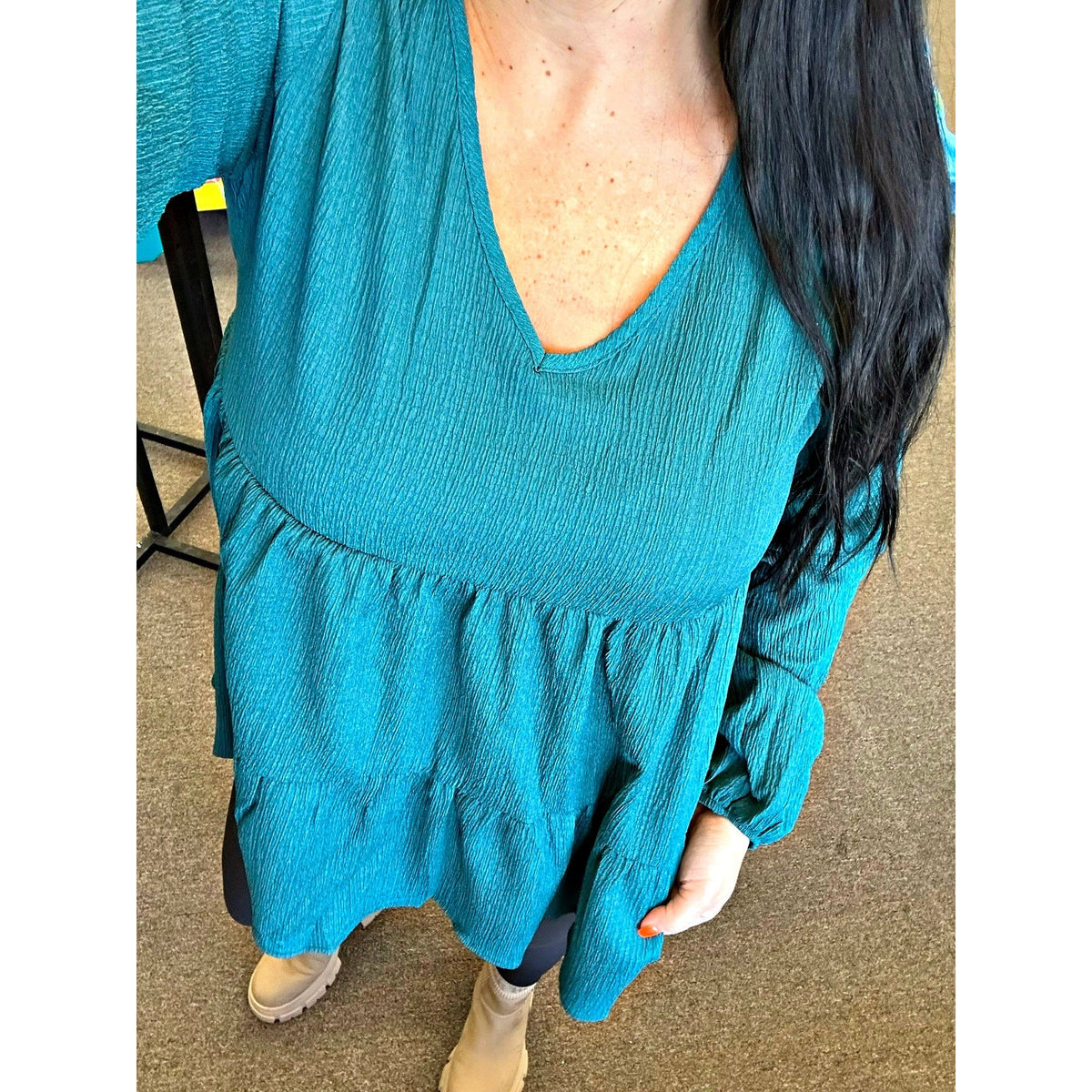 Deep Teal V Neck Solid Tiered Top