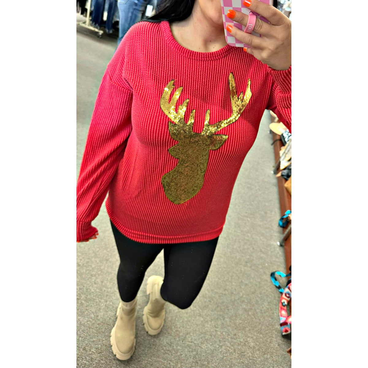 Red Reindeer Corded Top