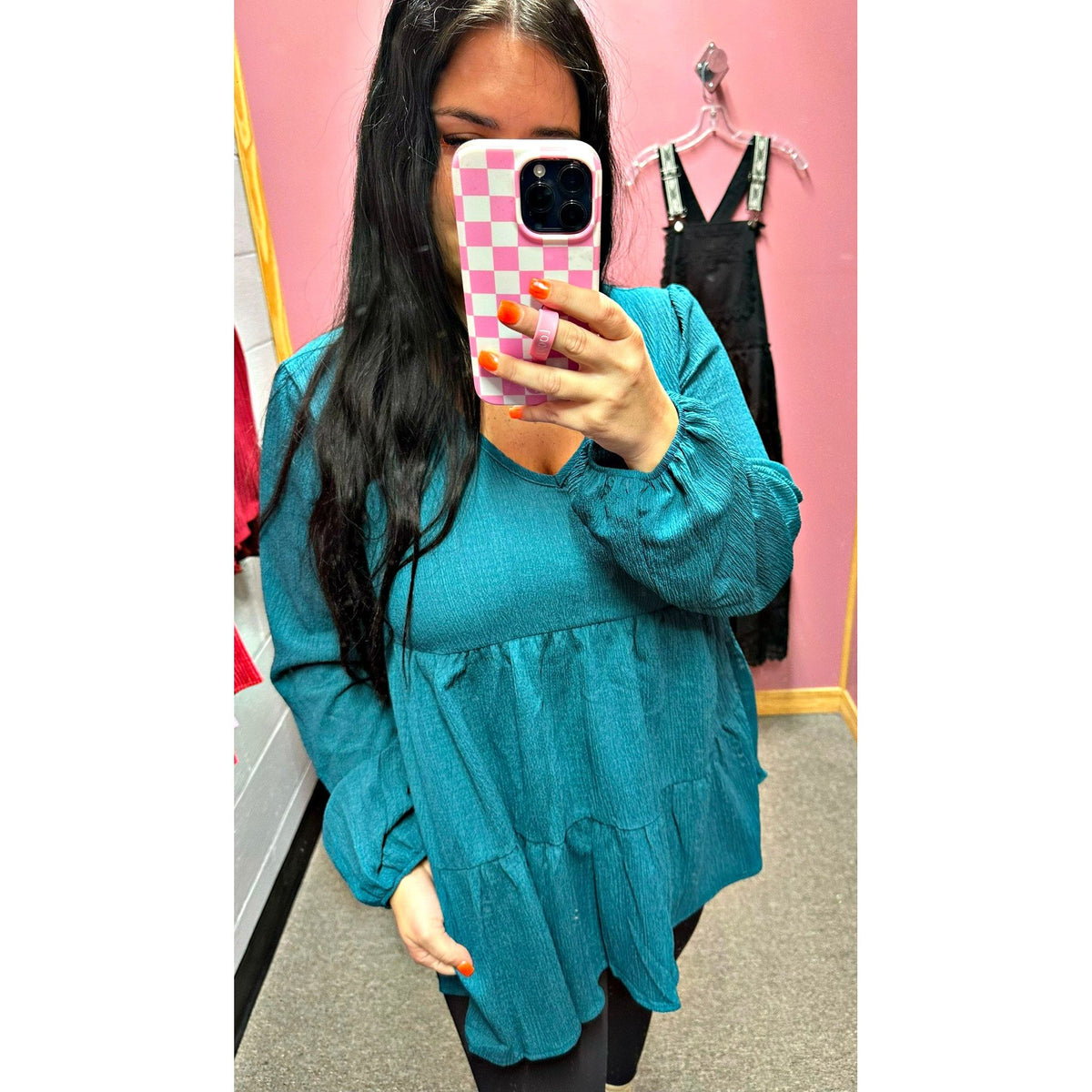 Deep Teal V Neck Solid Tiered Top