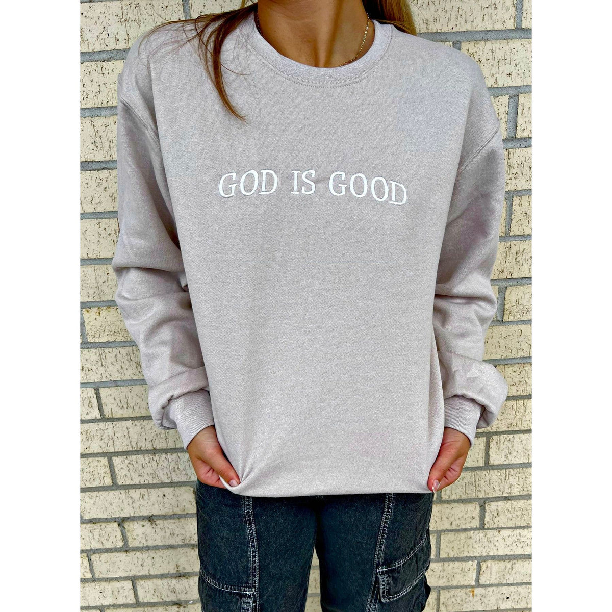 God is Good Tan embroidered Sweatshirt