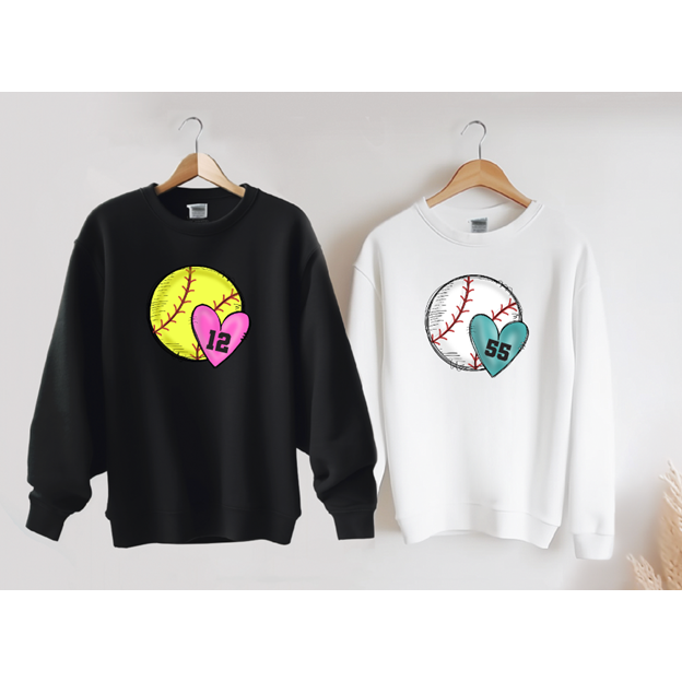 Baseball or Softball Heart Tee or sweatshirt (custom number)