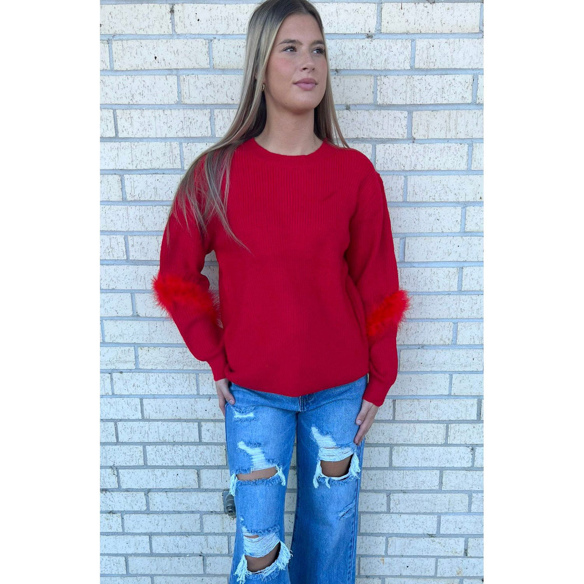 Red Sleeve Detail Christmas Sweater