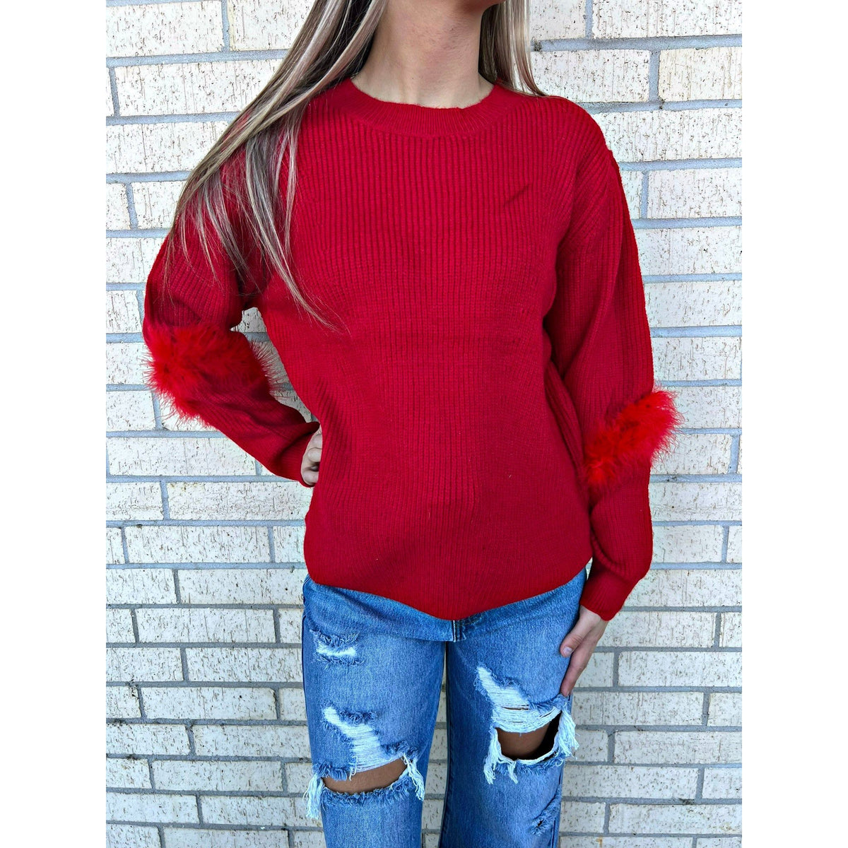 Red Sleeve Detail Christmas Sweater