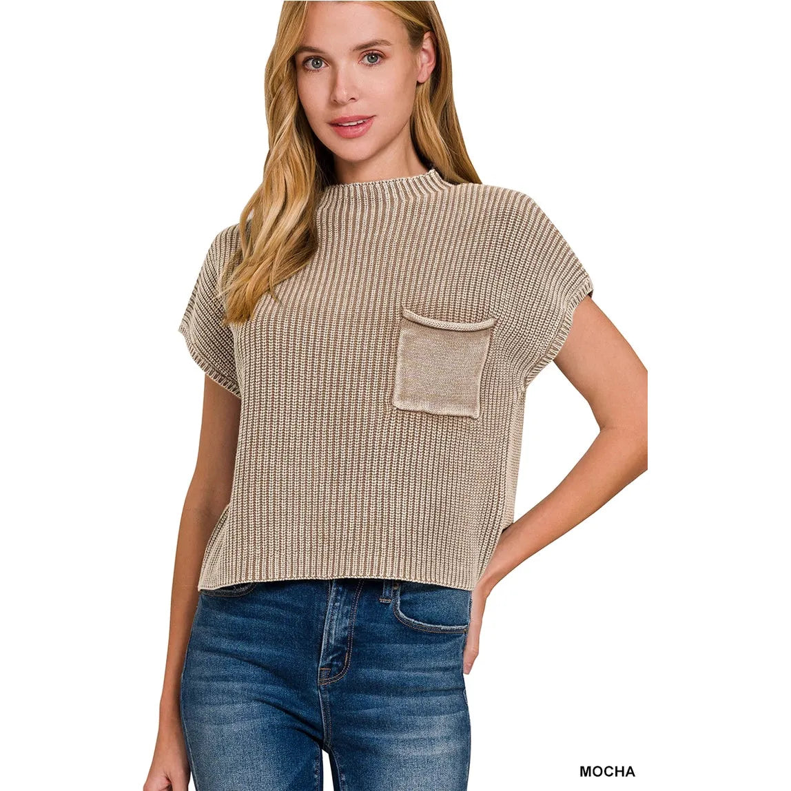 Mocha Washed Short Sleeve Cropped Sweater