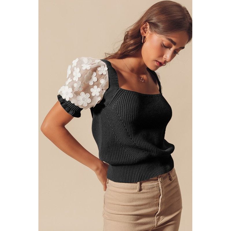 Indie Floral Sleeve Black Sweater Top