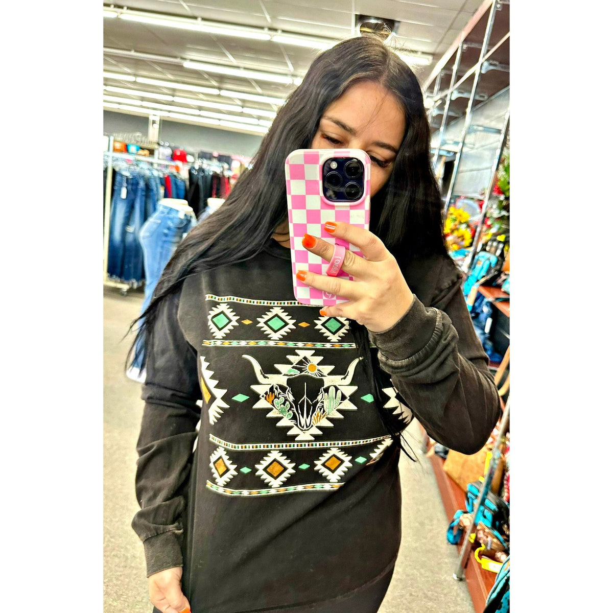 Aztec Cow skull mineral wash long sleeve