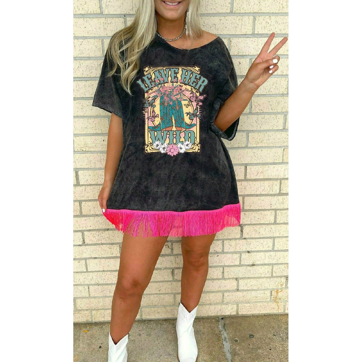 Leave Her Wild Fringed Graphic T-shirt Dress