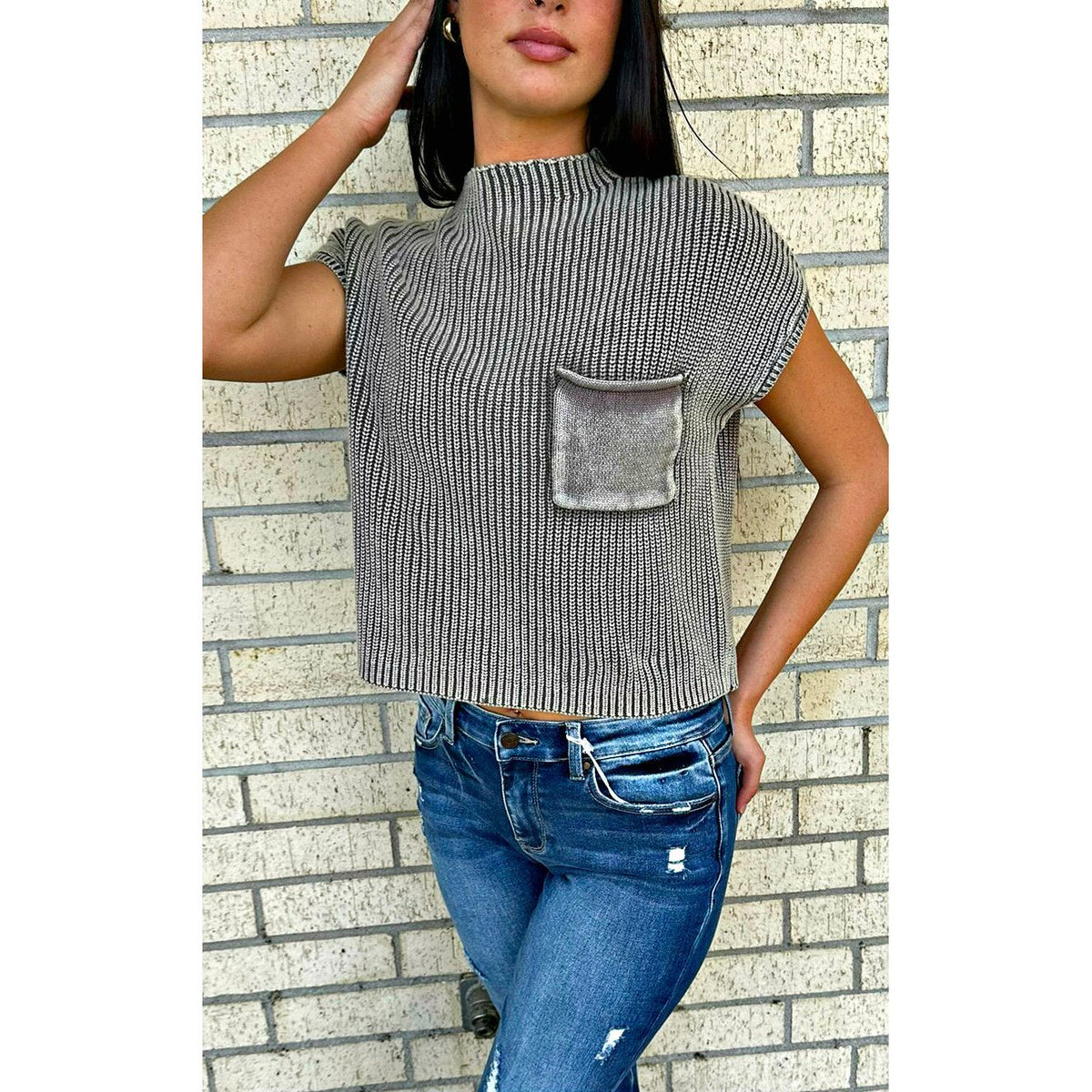 Mocha Washed Short Sleeve Cropped Sweater