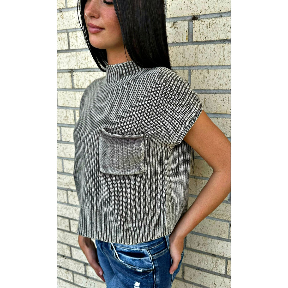 Mocha Washed Short Sleeve Cropped Sweater