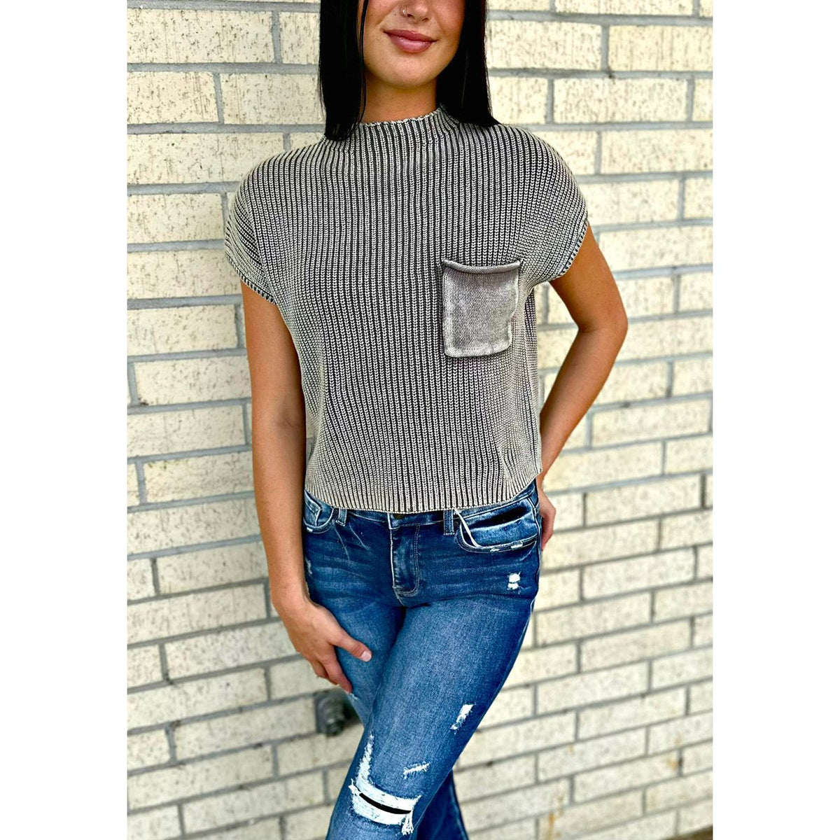 Mocha Washed Short Sleeve Cropped Sweater