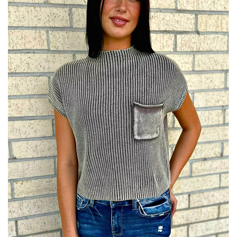 Mocha Washed Short Sleeve Cropped Sweater