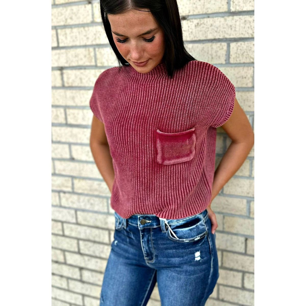 Maroon Washed Short Sleeve Cropped Sweater