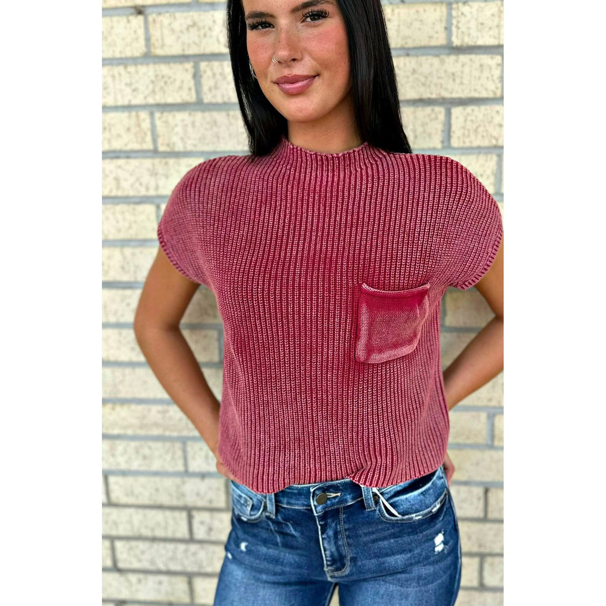 Maroon Washed Short Sleeve Cropped Sweater