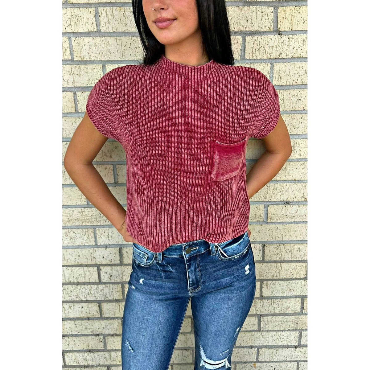 Maroon Washed Short Sleeve Cropped Sweater