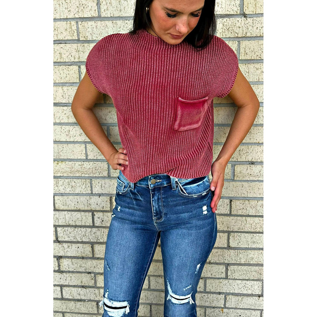 Maroon Washed Short Sleeve Cropped Sweater