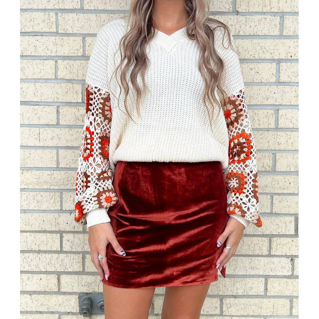 Fall Vibes Crochet Sleeve Ivory Top