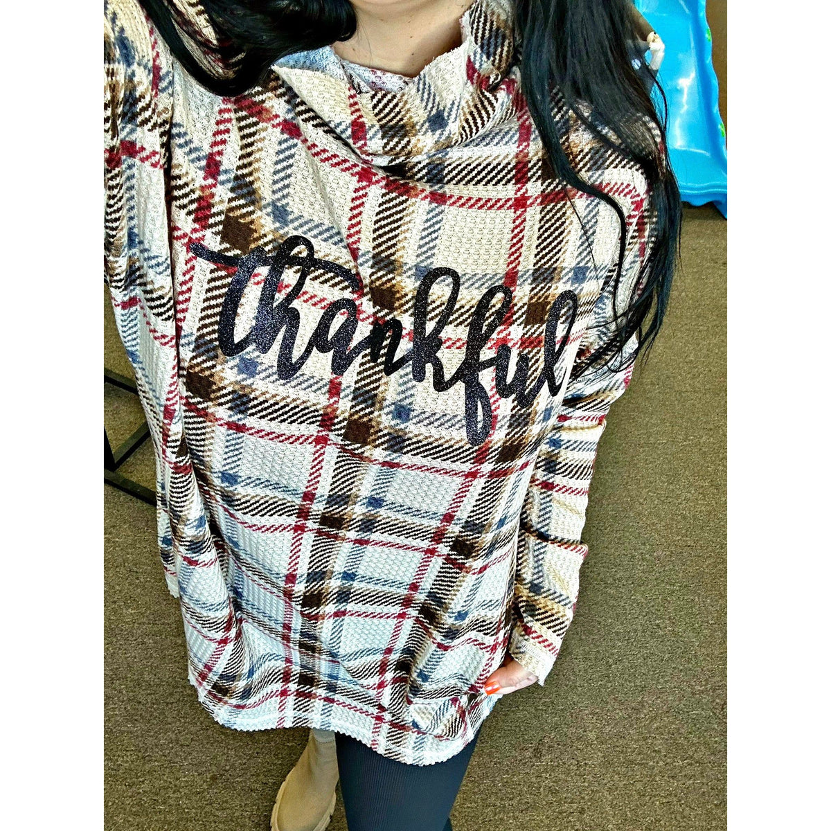 Thankful Glitter Turtle Neck Plaid Top