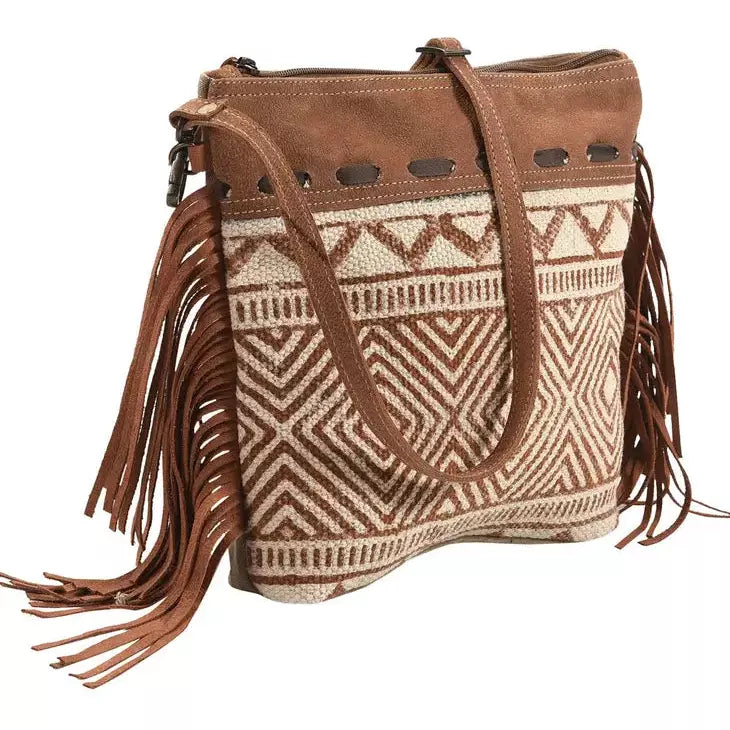 Brown aztec fringe CROSSBODY Leather and Upcycled Canvas Bag
