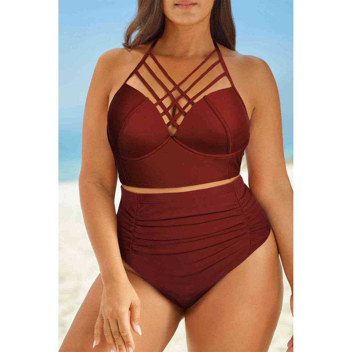 Halter Neck Crisscross Ruched Two-Piece Swimsuit (regular and plus)