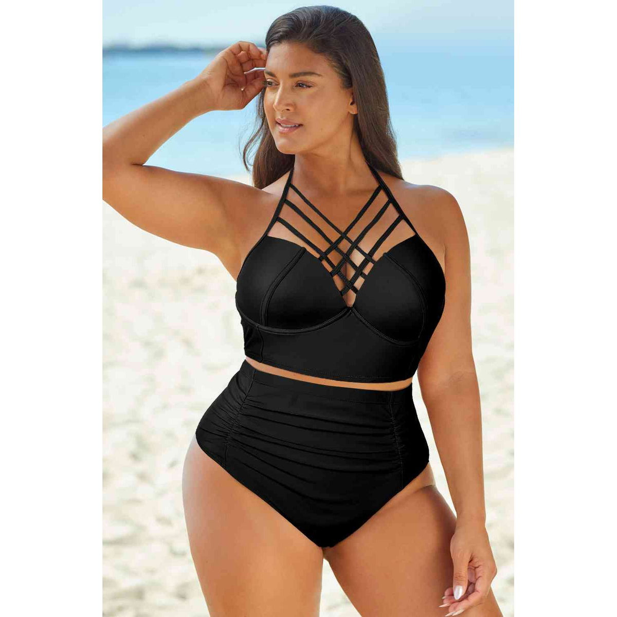 Halter Neck Crisscross Ruched Two-Piece Swimsuit (regular and plus)