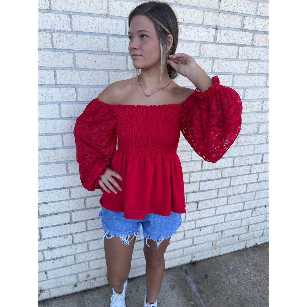 Be Mine Red lace sleeve Top