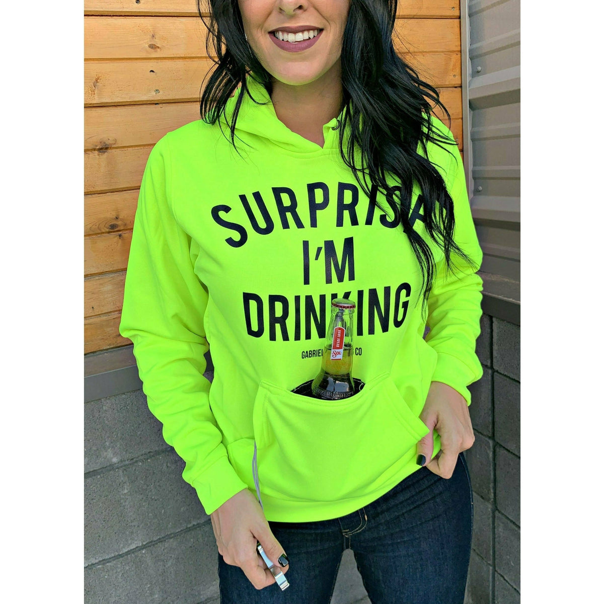 Surprise I&#39;m Drinking Hoodie ( koozie and bottle opener attached)